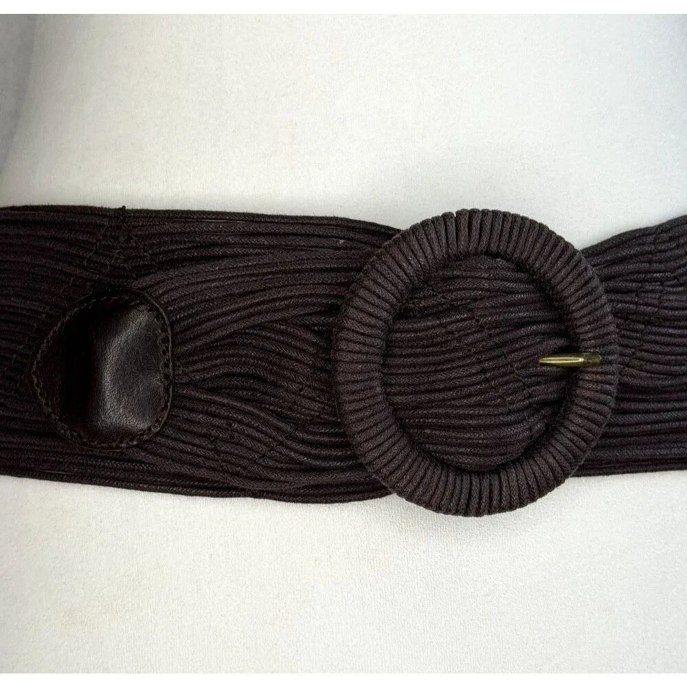 Coldwater‎ Creek Brown Wide Woven Cotton Belt Faux Leather Accents Statement S/M